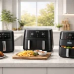 Modern UK kitchen countertop with a black dual-drawer air fryer and warm natural light, leaving clean space for a headline.