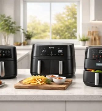Modern UK kitchen countertop with a black dual-drawer air fryer and warm natural light, leaving clean space for a headline.