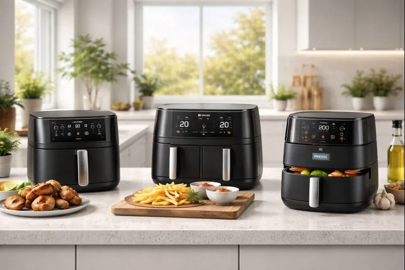 Modern UK kitchen countertop with a black dual-drawer air fryer and warm natural light, leaving clean space for a headline.
