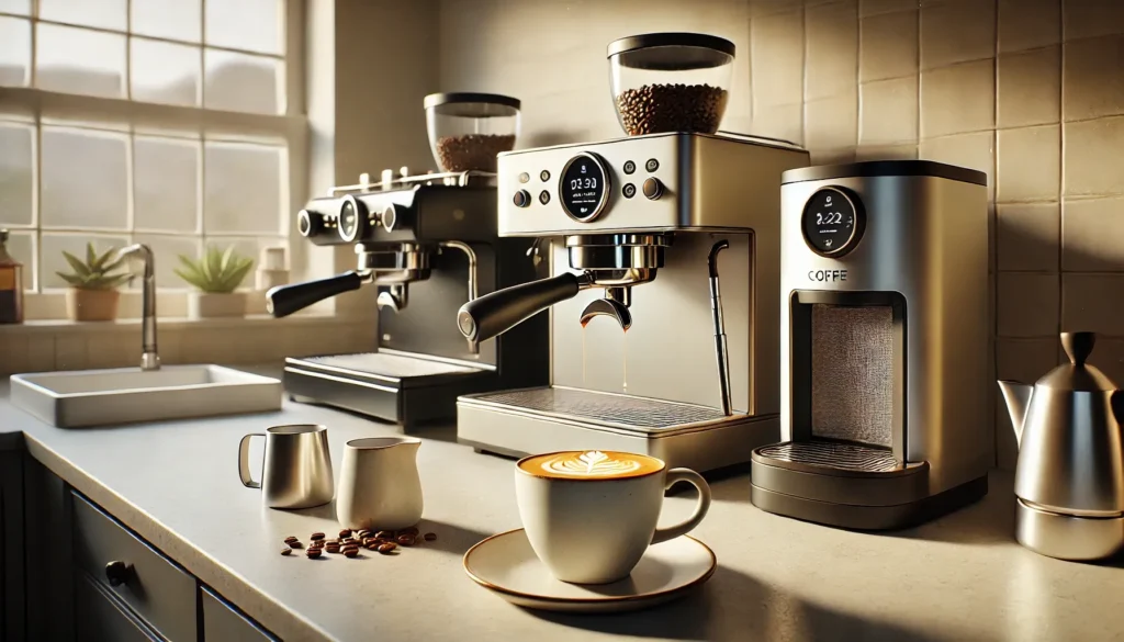 Best coffee machine UK guide hero with espresso, bean-to-cup and pod machines on a modern kitchen counter.