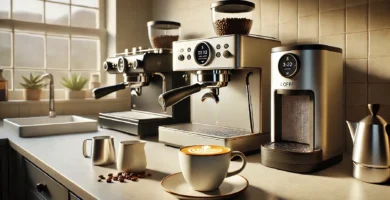 Best coffee machine UK guide hero with espresso, bean-to-cup and pod machines on a modern kitchen counter.