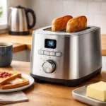 Stainless steel toaster popping up toast in a cosy UK kitchen with tea and kettle on the counter.