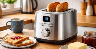 Stainless steel toaster popping up toast in a cosy UK kitchen with tea and kettle on the counter.