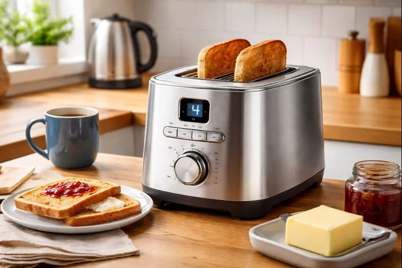 Stainless steel toaster popping up toast in a cosy UK kitchen with tea and kettle on the counter.