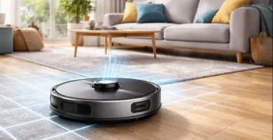Robot vacuum cleaner navigating a modern UK living room with hard floors and a rug, showing smart mapping.