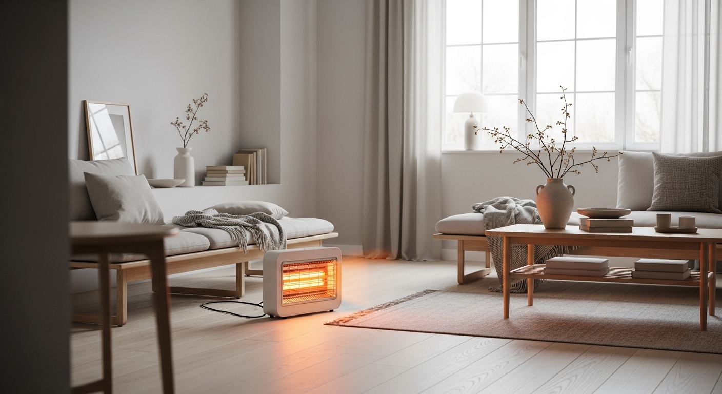 Modern UK living room with an electric heater warming a single room efficiently