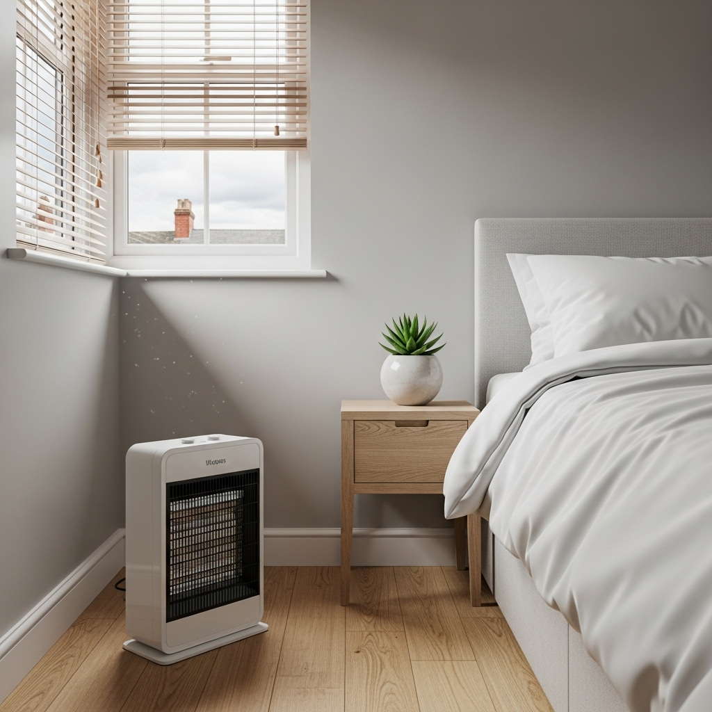 low-wattage electric heater in a small UK bedroom