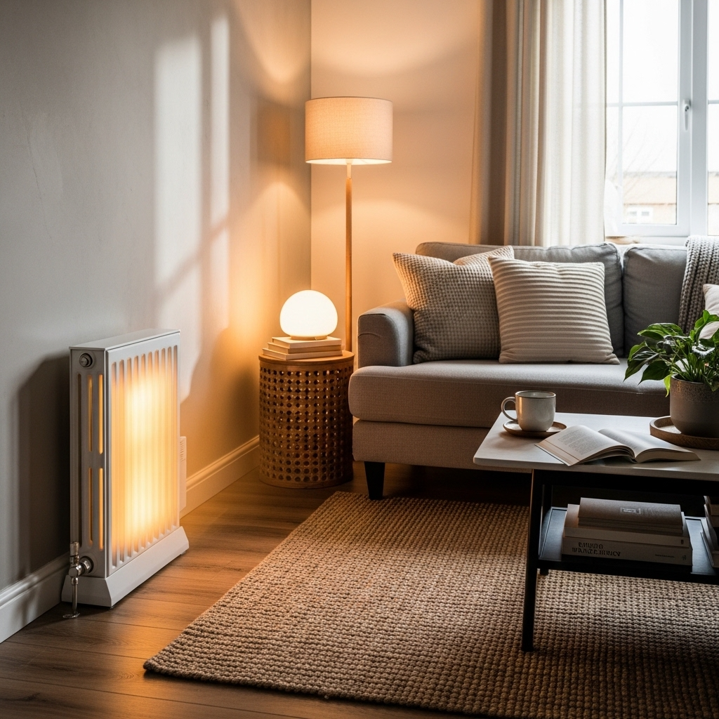 oil-filled radiator heating a UK living room