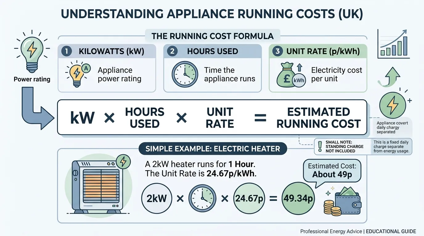 Formula for calculating UK appliance running costs using kW, hours and unit rate