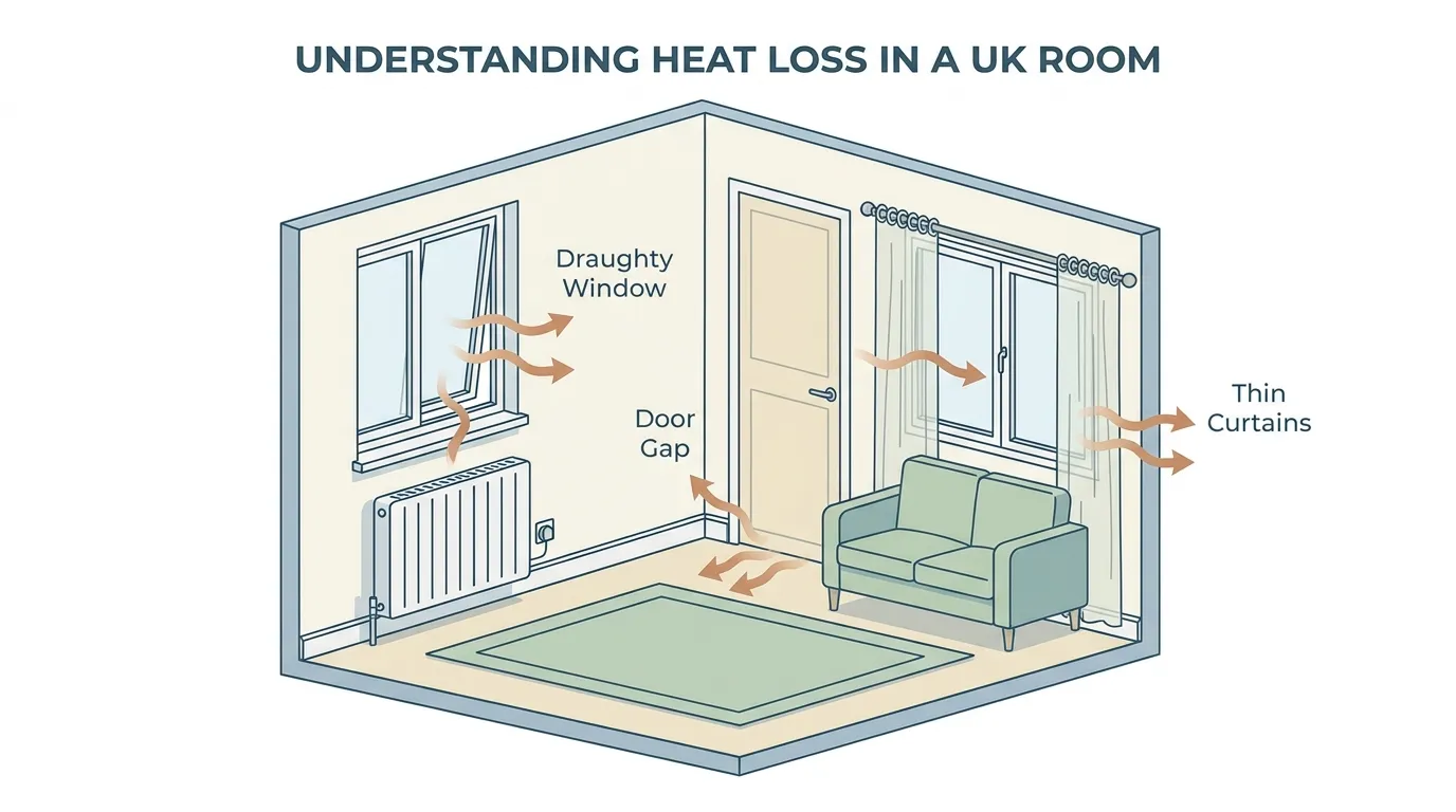 Example of an electric heater working harder in a room with heat loss