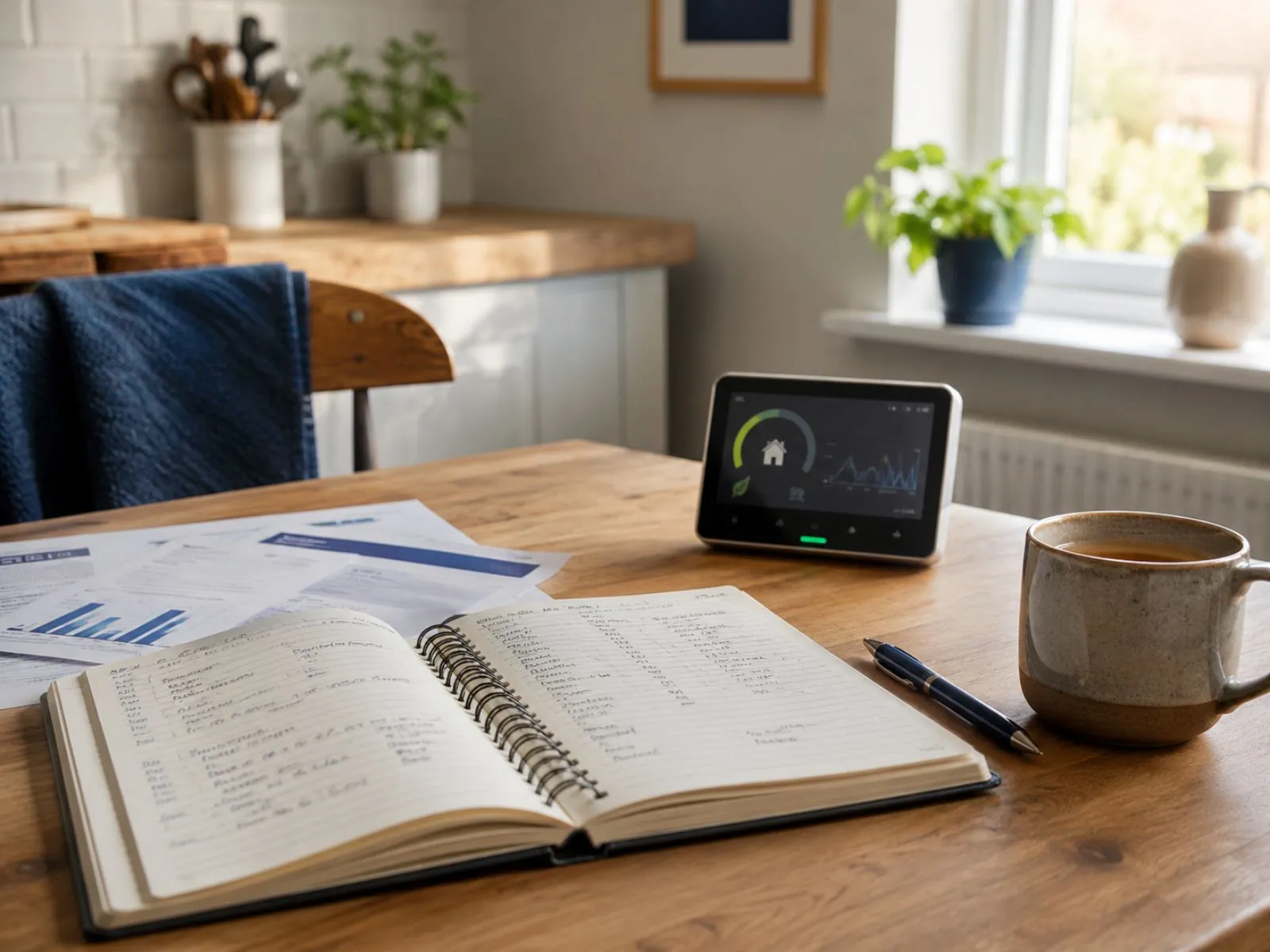 A calm UK kitchen table with a notebook, smart meter and home energy notes