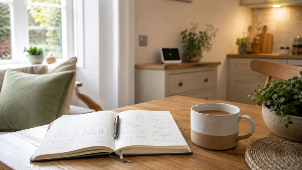 UK household table with a notebook and subtle energy display for checking average electricity usage at home