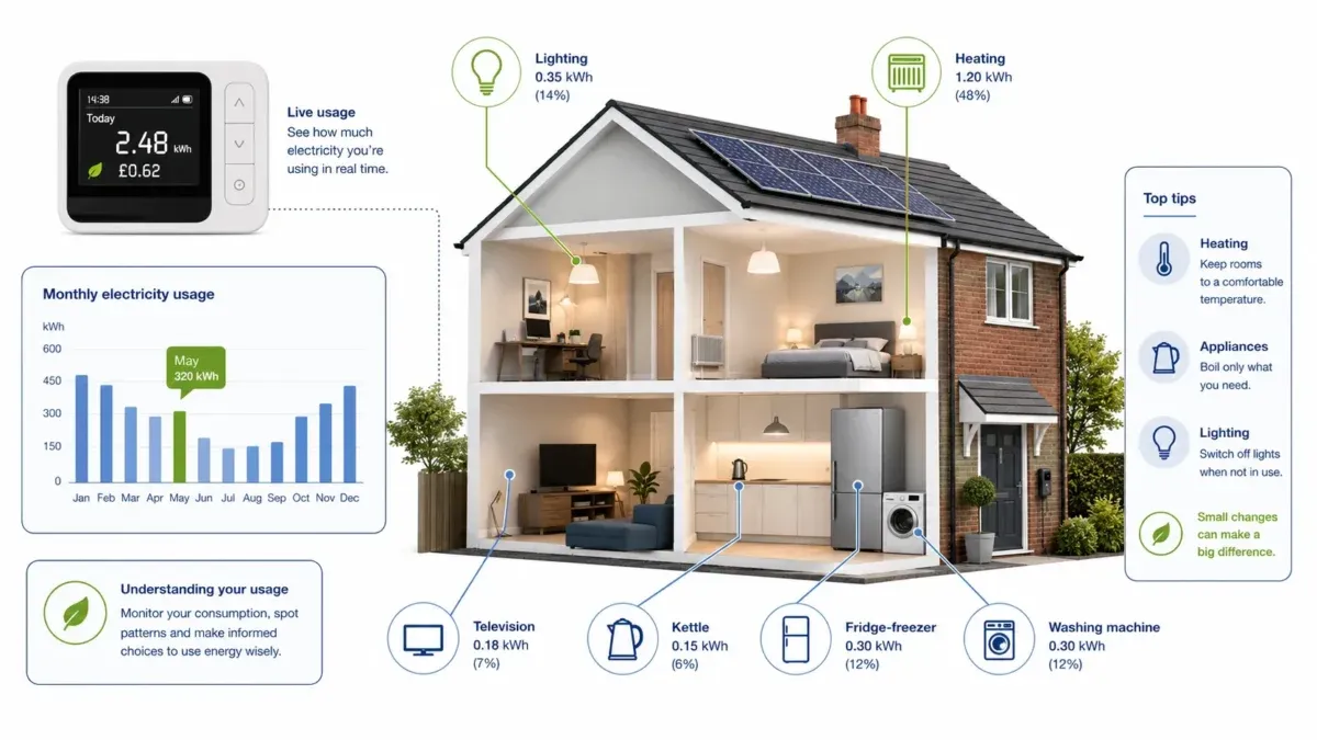 Average electricity usage in a UK home with smart meter, appliance icons and household consumption indicators