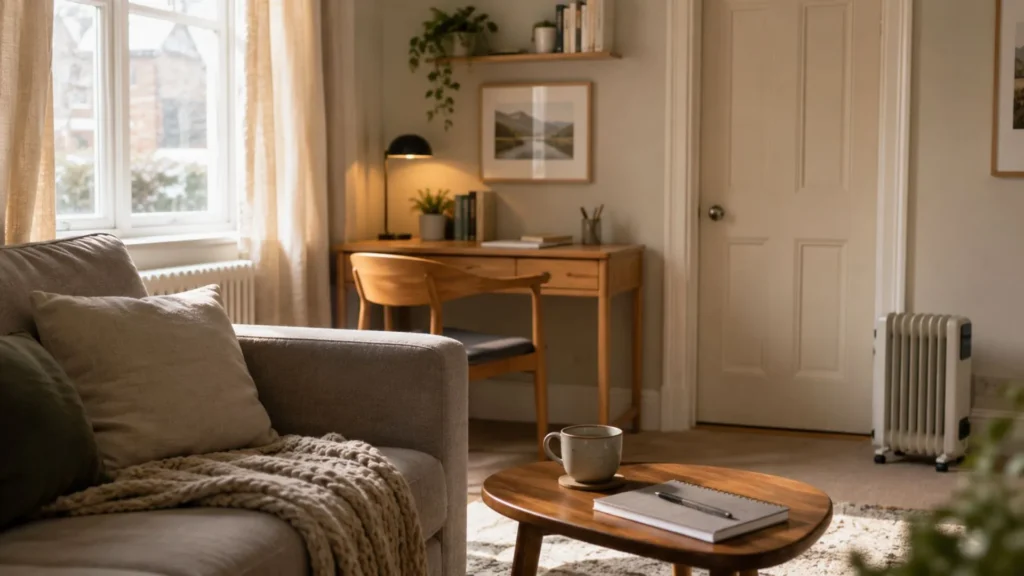 Cheapest way to heat a room UK guide showing a calm living room with heating context, curtains and a closed door.