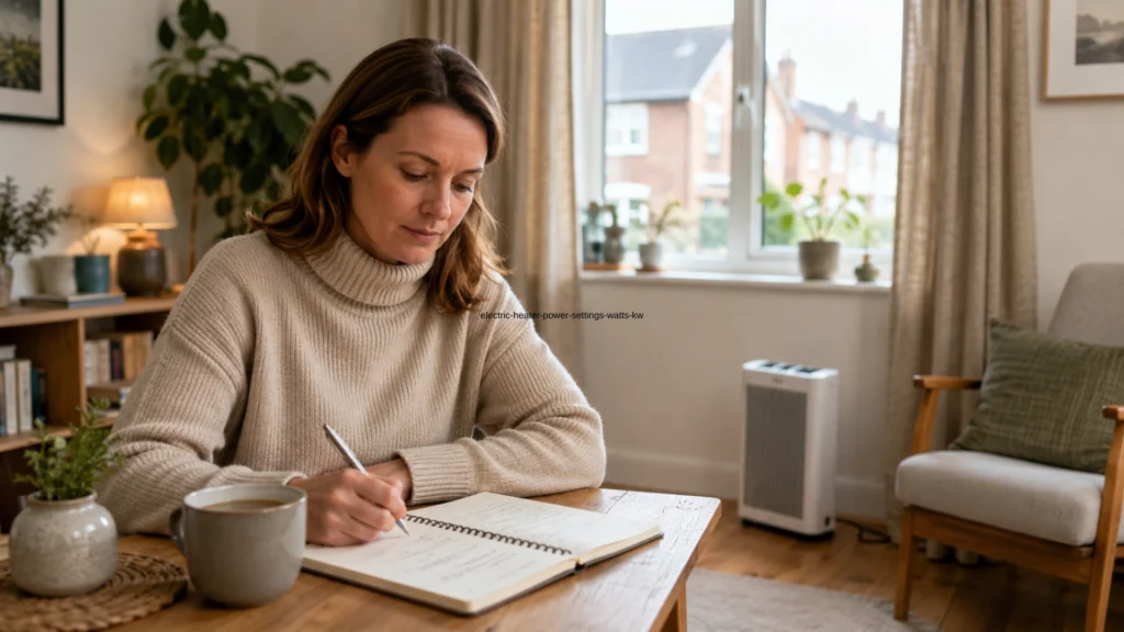 Electric heater wattage guide UK with heater, notebook and warm room setting