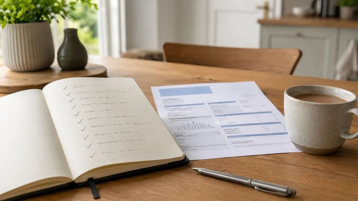 Electricity bill checking notes A notebook checklist beside a generic electricity bill in a UK home