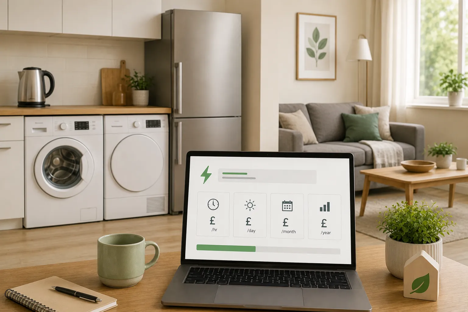 Electricity cost calculator showing appliance running costs in a UK home.