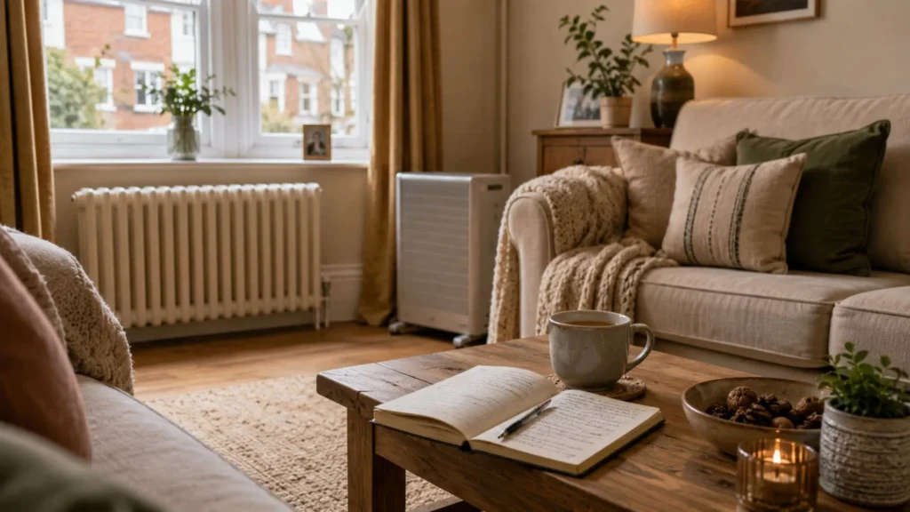 Heater running cost UK guide showing a calm British living room with practical home heating context.
