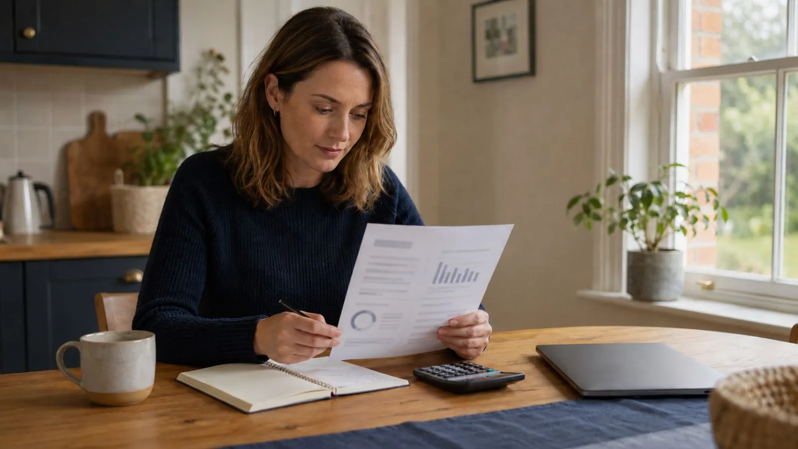 Reading a UK electricity bill at home How to read your electricity bill UK using a generic bill, notes and a pen on a kitchen table