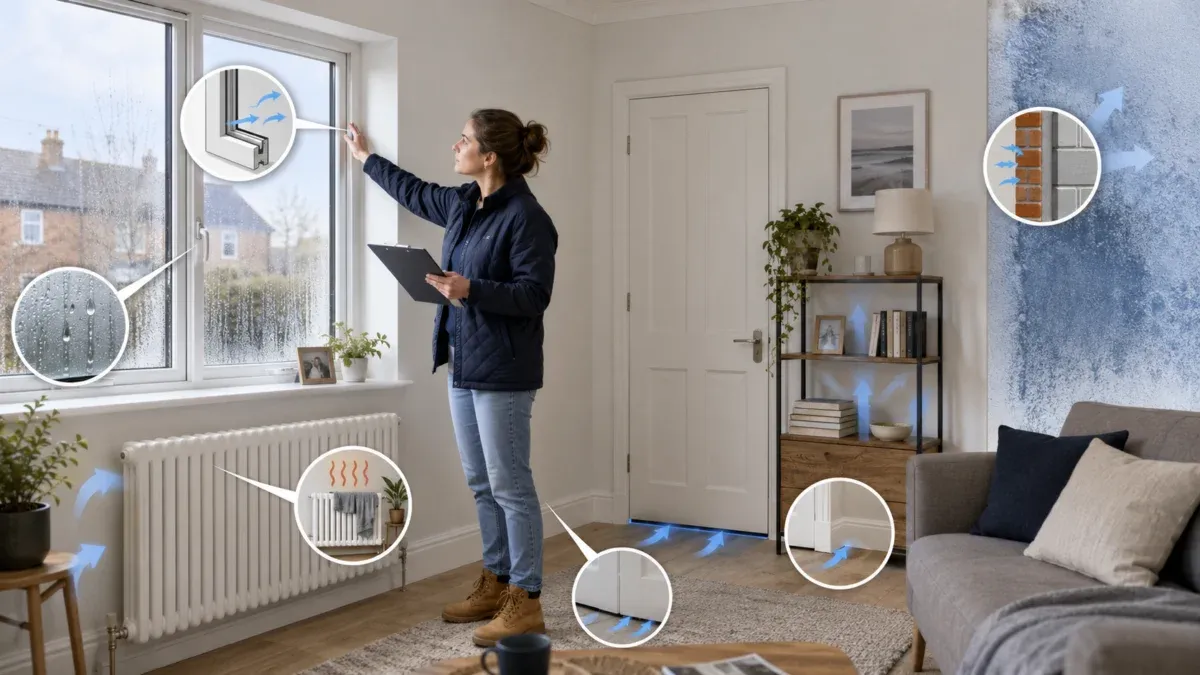 Cold room diagnosis checklist showing window draughts, door gaps, skirting boards, radiator blockage and condensation checks.
