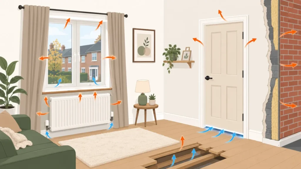 Illustration showing how to stop heat loss in a room UK by checking windows, doors, floors, walls and radiators.