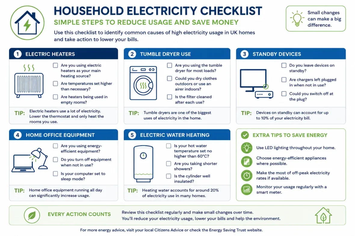 Home electricity usage checklist for UK households