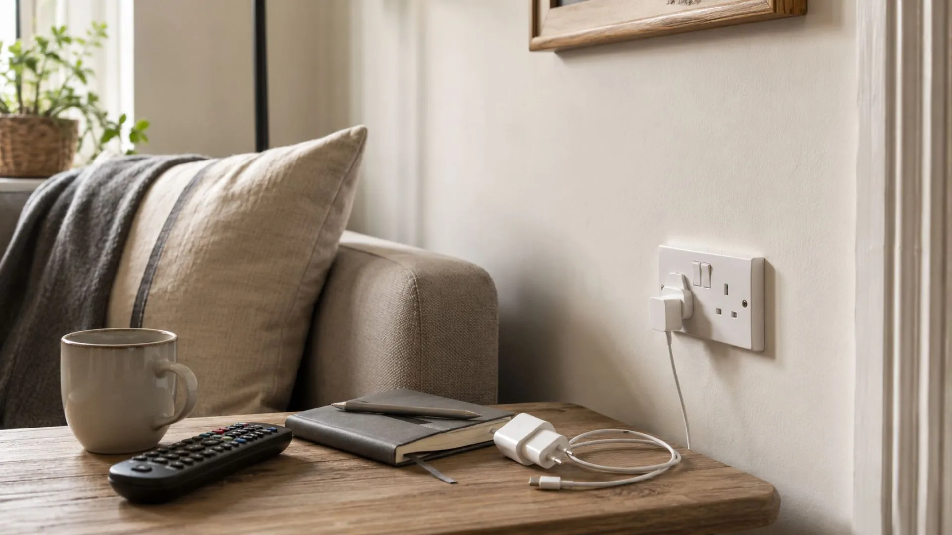 Plug socket and household devices in a calm UK home setting, illustrating standby power costs.