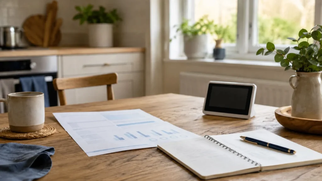 Notebook and smart meter on a kitchen table