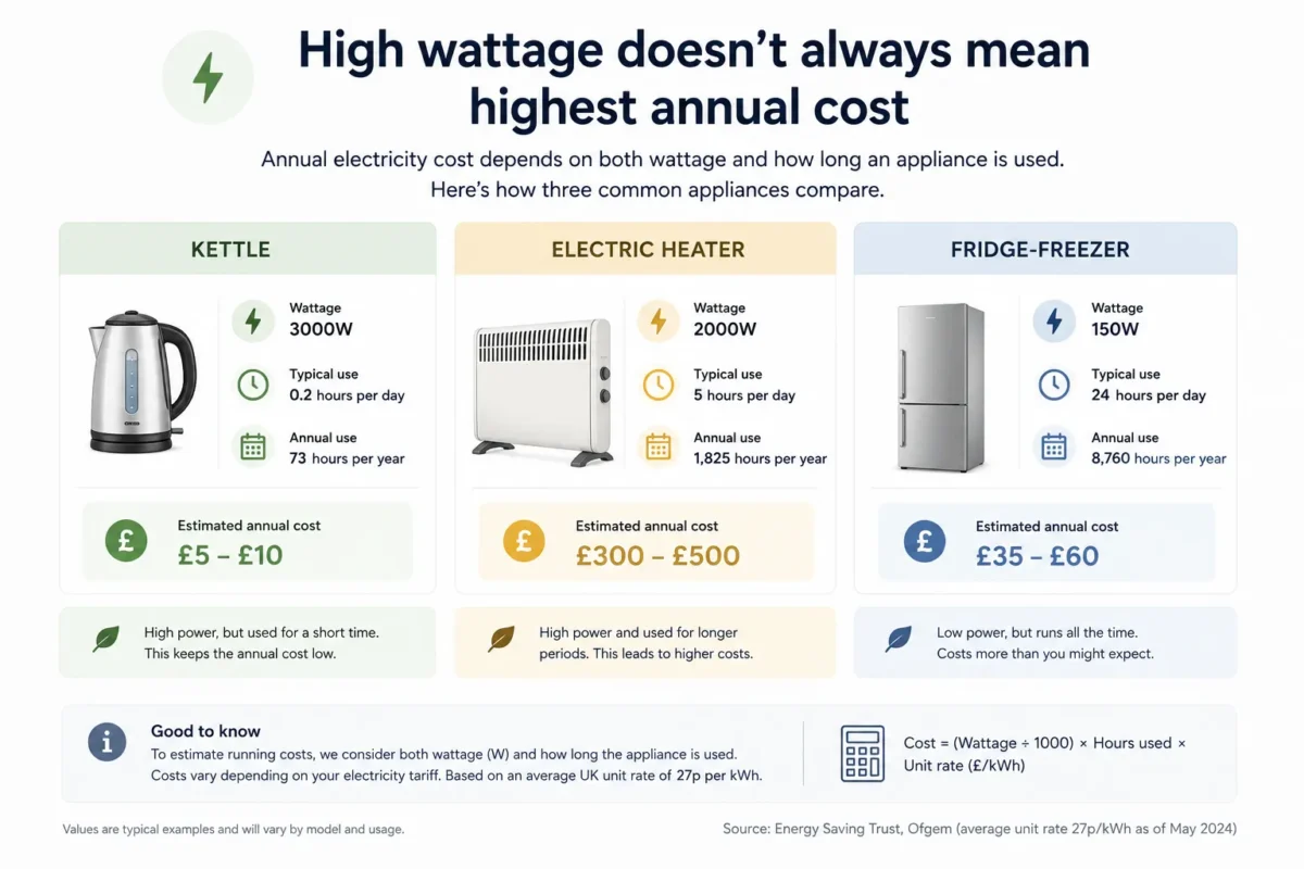 Comparison showing how wattage and usage time affect annual electricity costs.
