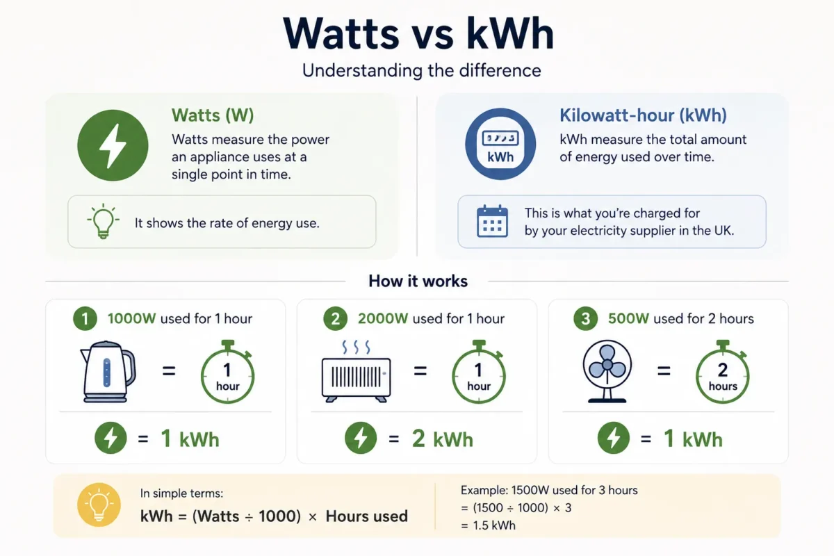 Watts versus kWh explanation for UK appliance electricity costs.