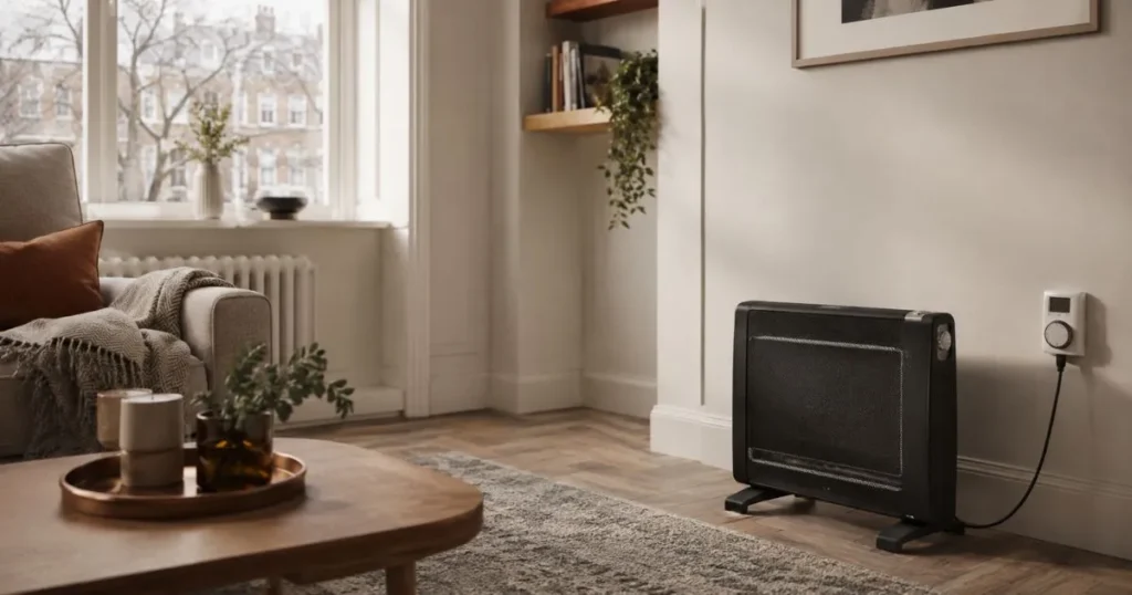 Electric heater in a UK living room showing safe short-term heating and running cost control.