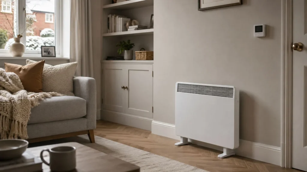 Electric heater with thermostat control in a UK living room for best heater settings save electricity UK