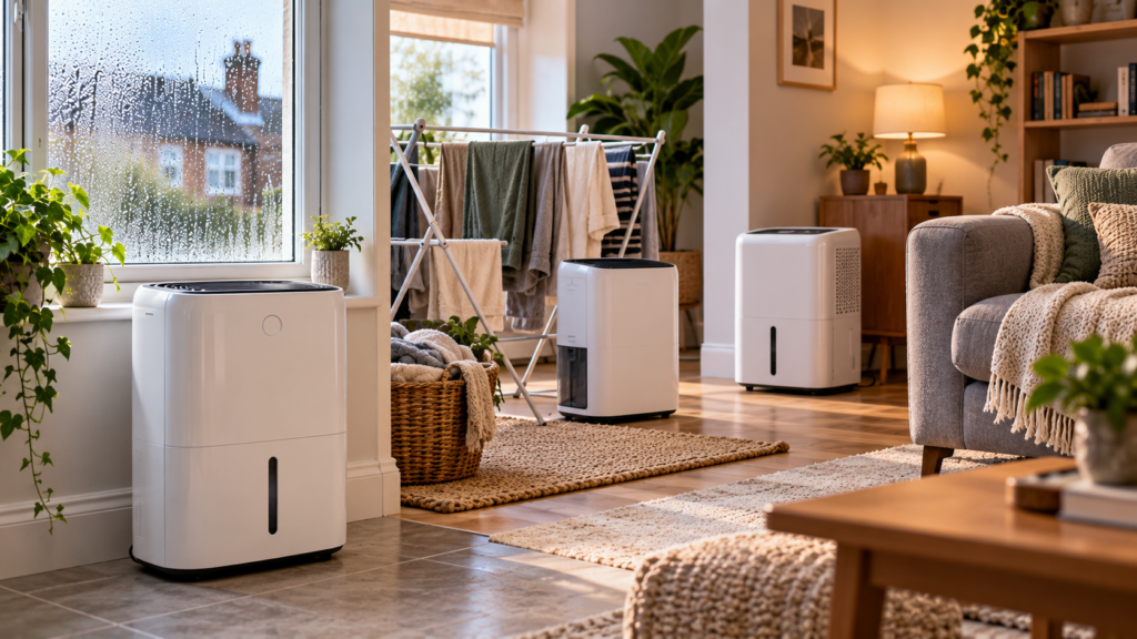 Modern dehumidifiers in a UK home with indoor laundry and condensation control