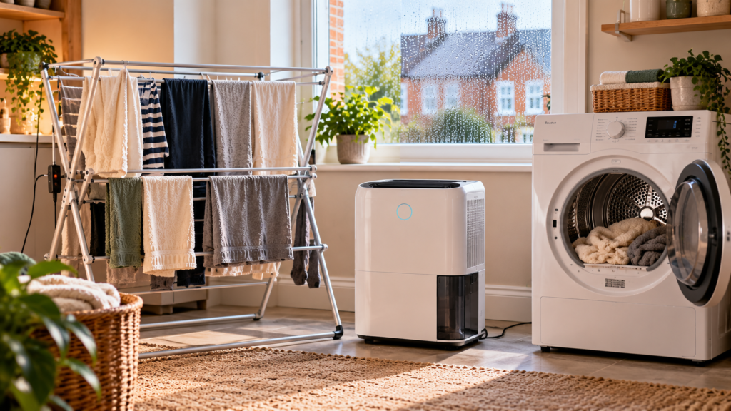 Heated clothes airer drying laundry in a modern UK home