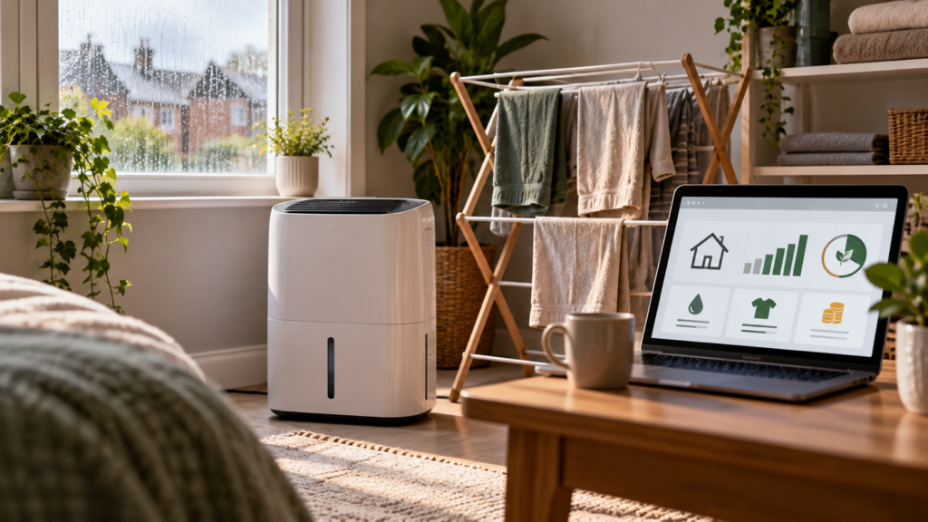 Dehumidifier running beside indoor laundry in a UK home