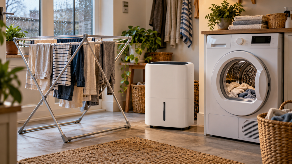 Heated airer, dehumidifier and tumble dryer compared in a UK utility room