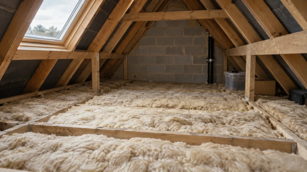 Mineral wool loft insulation installed between and over timber joists in a UK home