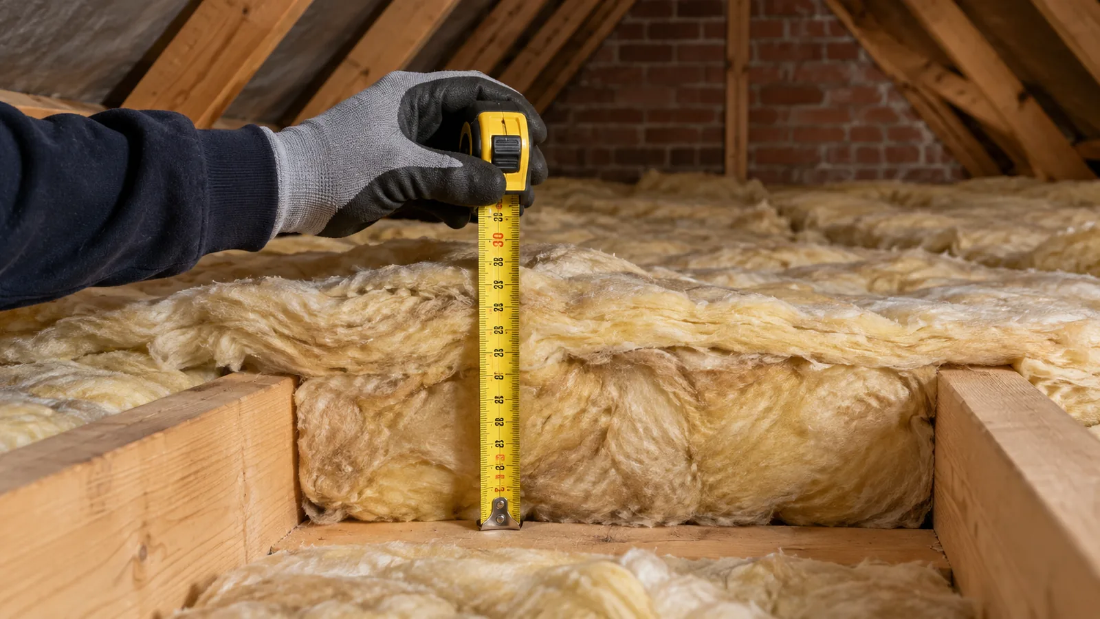 Measuring the depth of mineral wool loft insulation with a tape measure in a UK loft