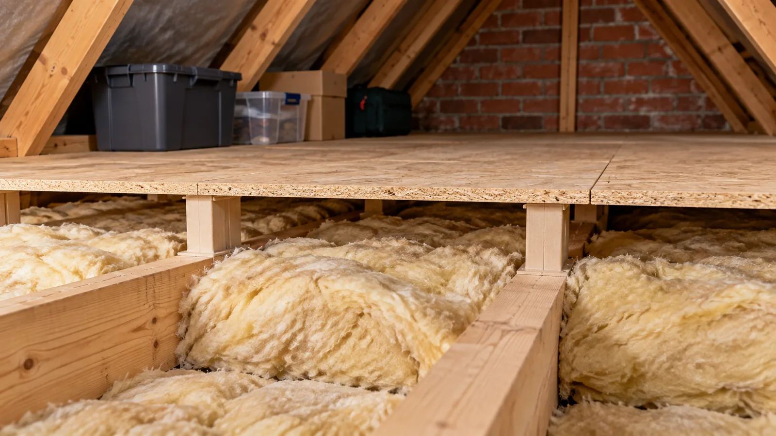 Raised loft boarding installed above mineral wool insulation without compressing it