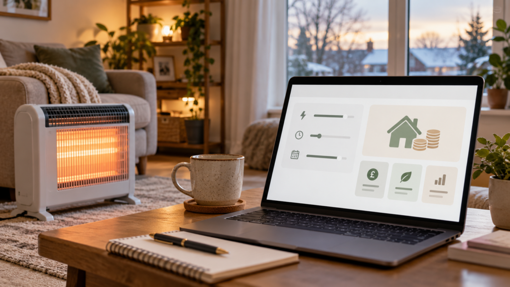 Electric heater and laptop displaying a running cost calculator in a UK home
